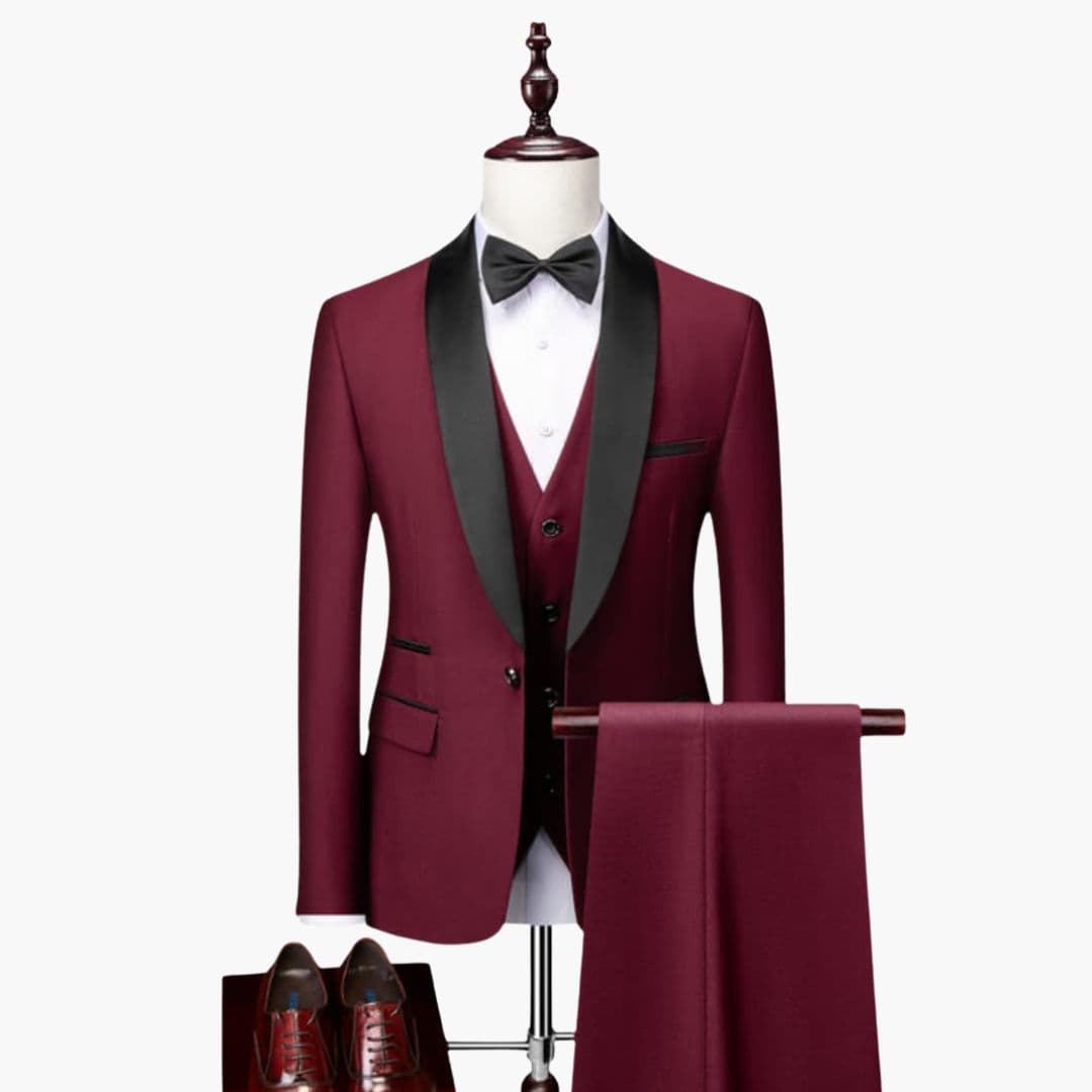Men's black three-piece tuxedo suit contrasting shawl collar slim fit jacket vest trousers bow tie