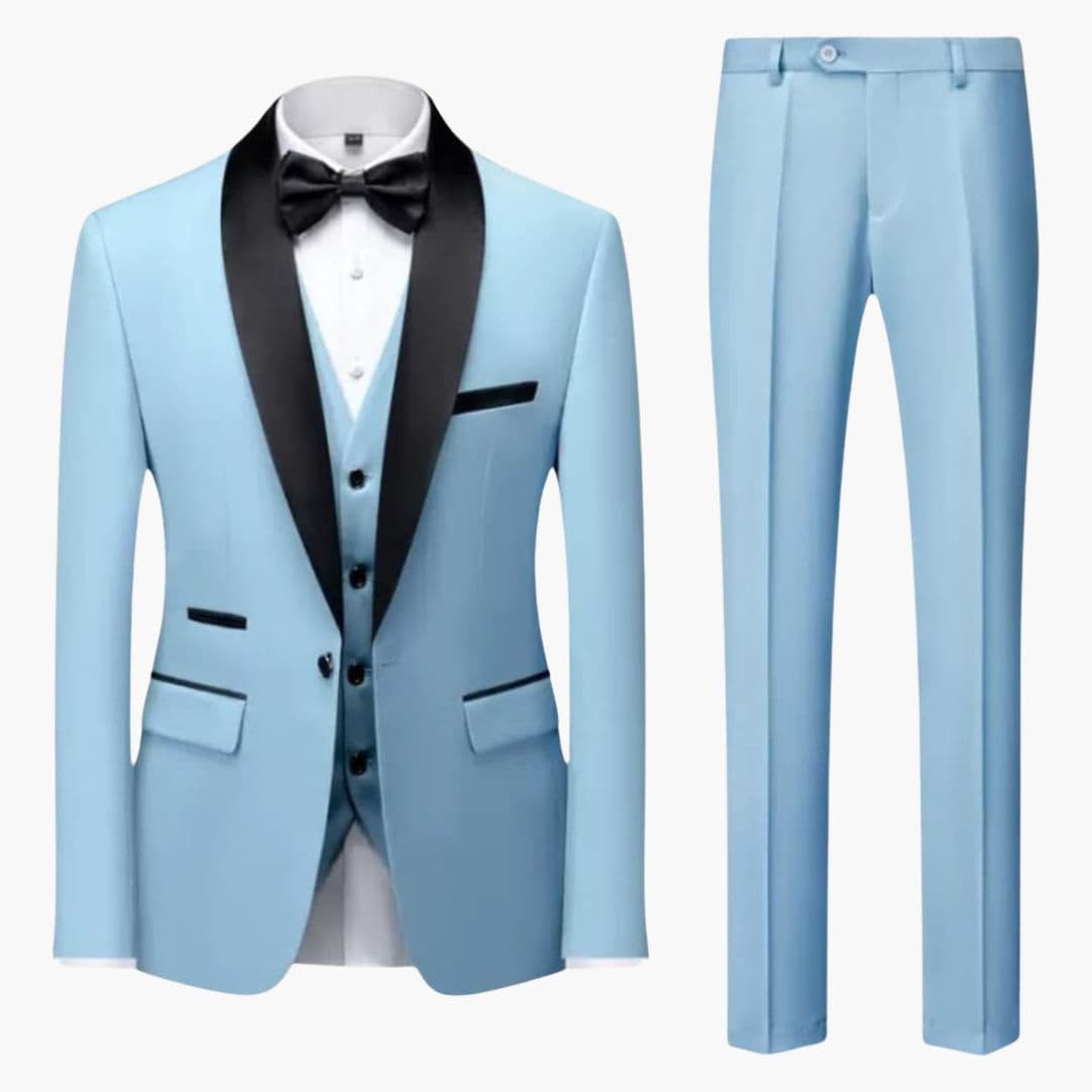 Men's black three-piece tuxedo suit with contrasting shawl collar, vest, trousers & bow tie
