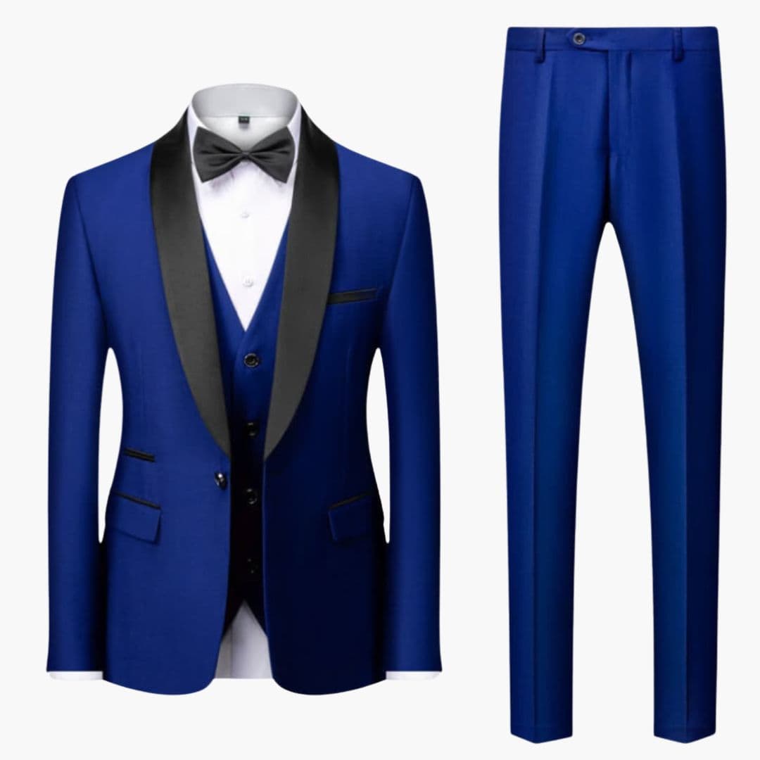 Men's black three-piece tuxedo suit with contrasting shawl collar, vest, trousers & bow tie included