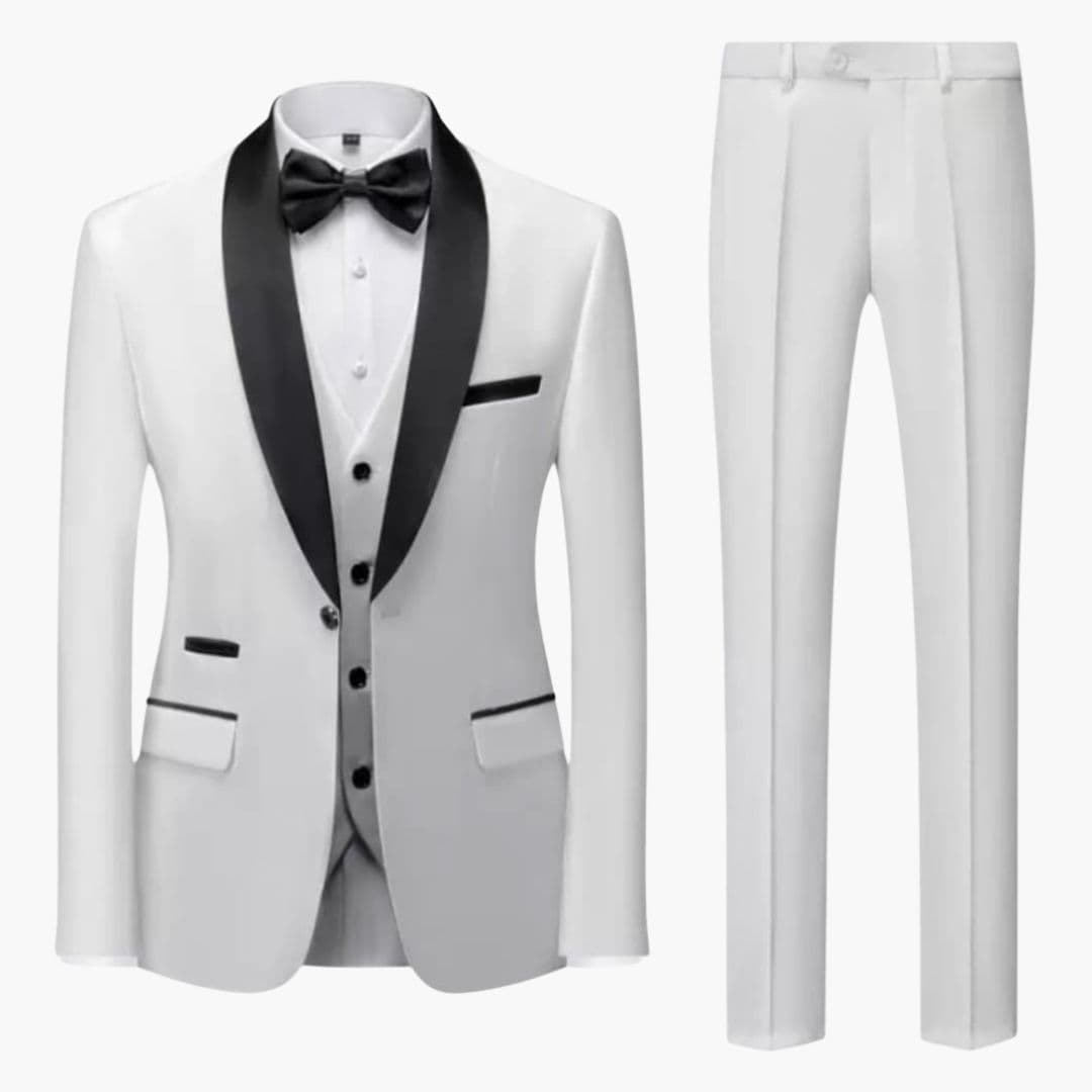 Men's black three-piece tuxedo suit with contrasting shawl collar, vest, trousers & bow tie included