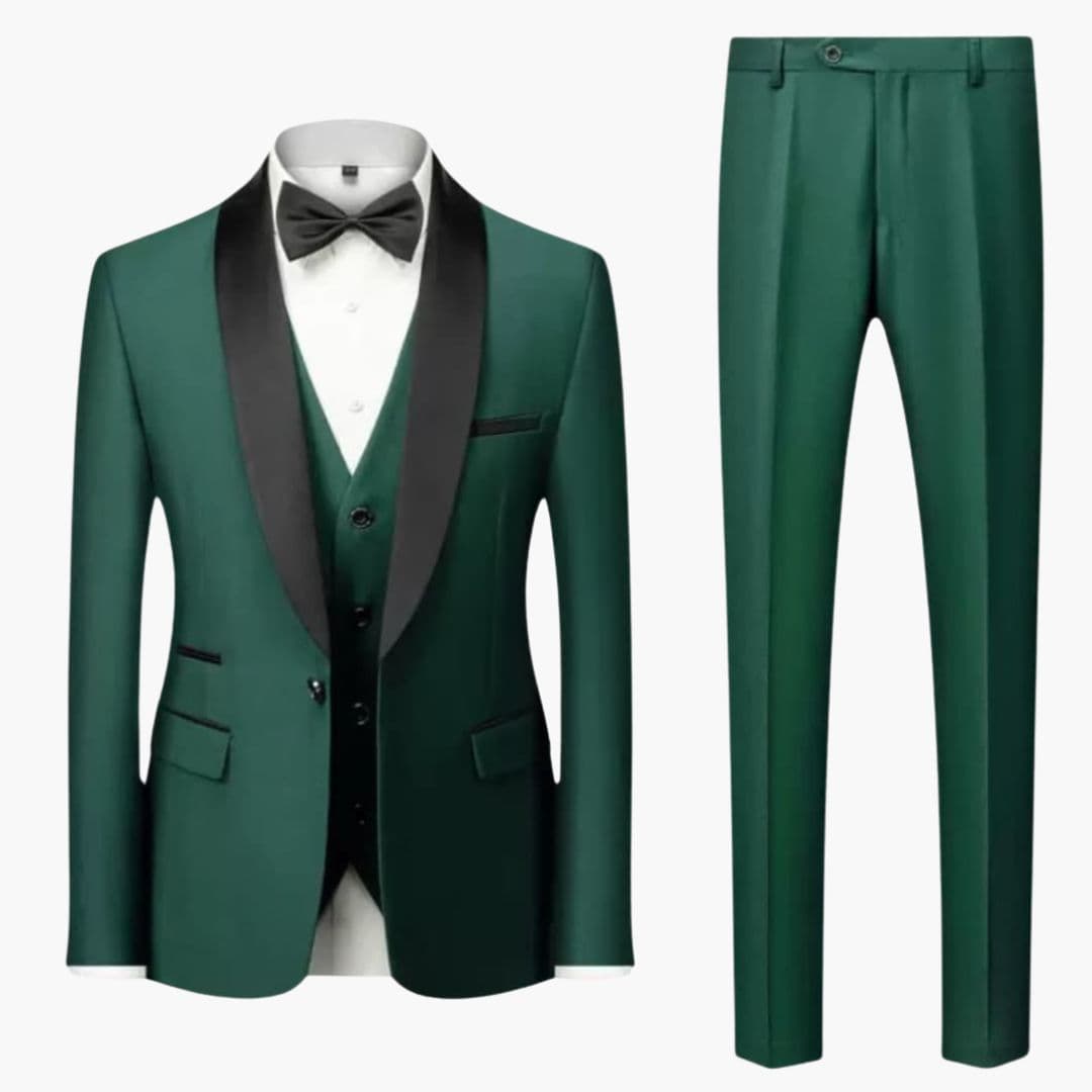 Men's black three-piece tuxedo suit with contrasting shawl collar, vest, trousers & bow tie included