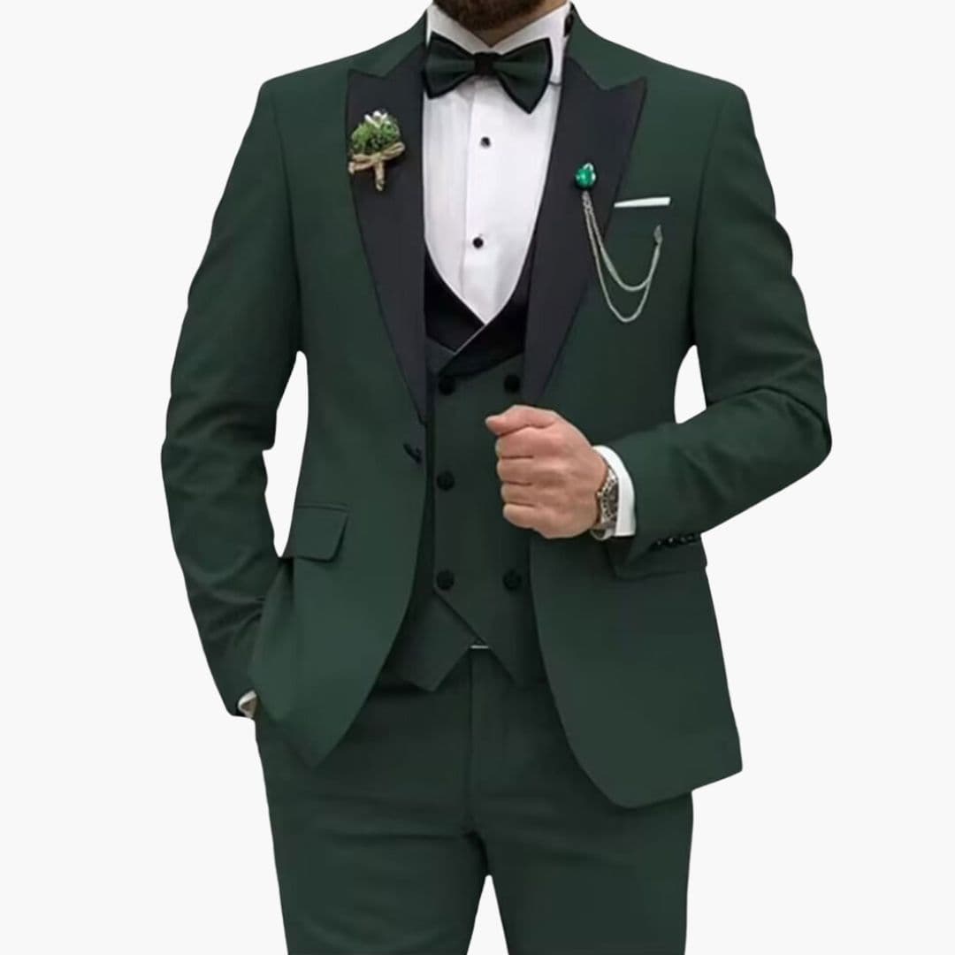 Men's slim-fit three-piece suit with contrasting collar vest, navy formal wedding professional style