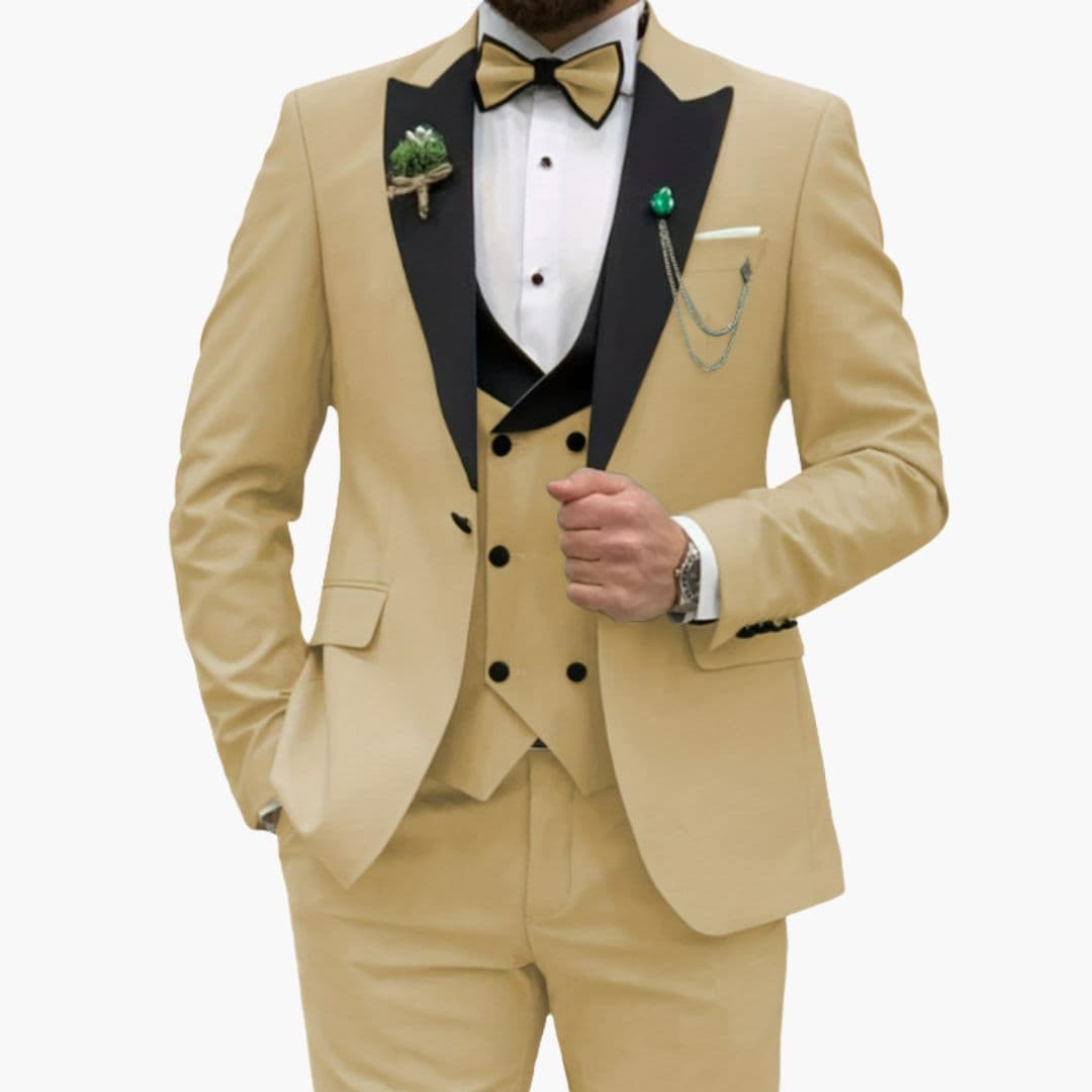 Men's slim-fit three-piece suit with contrasting collar vest, navy professional wedding formal wear