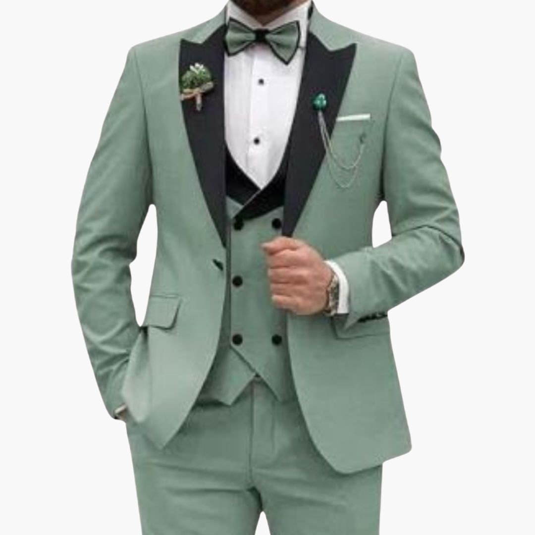 Men's slim-fit three-piece suit with contrasting collar vest, tailored for formal occasions