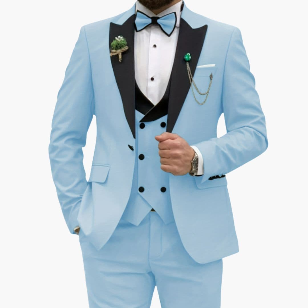 Men's slim-fit three-piece suit with contrasting collar vest, navy formal wedding business attire
