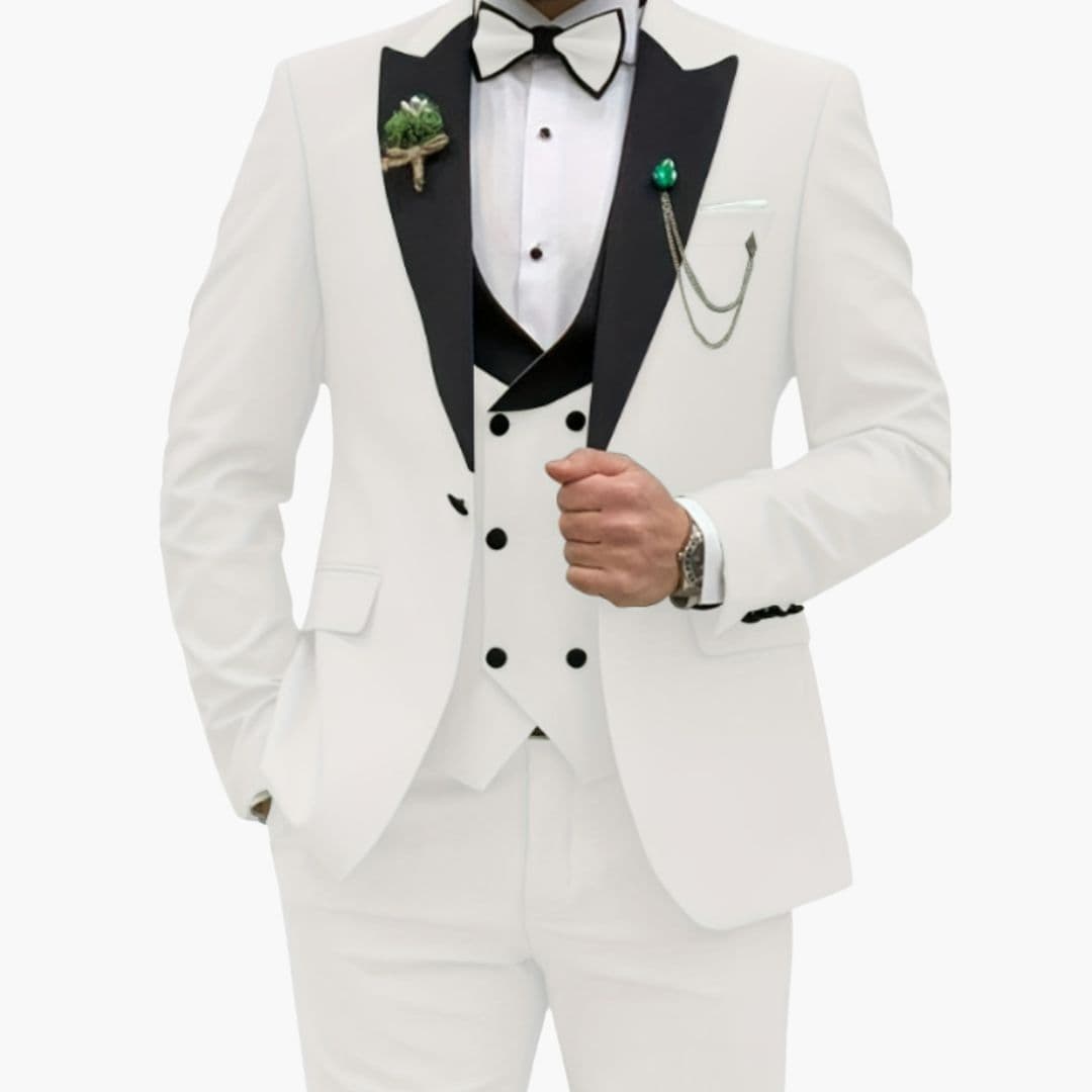 Men's slim-fit three-piece suit with contrasting collar vest, ideal for weddings and corporate events