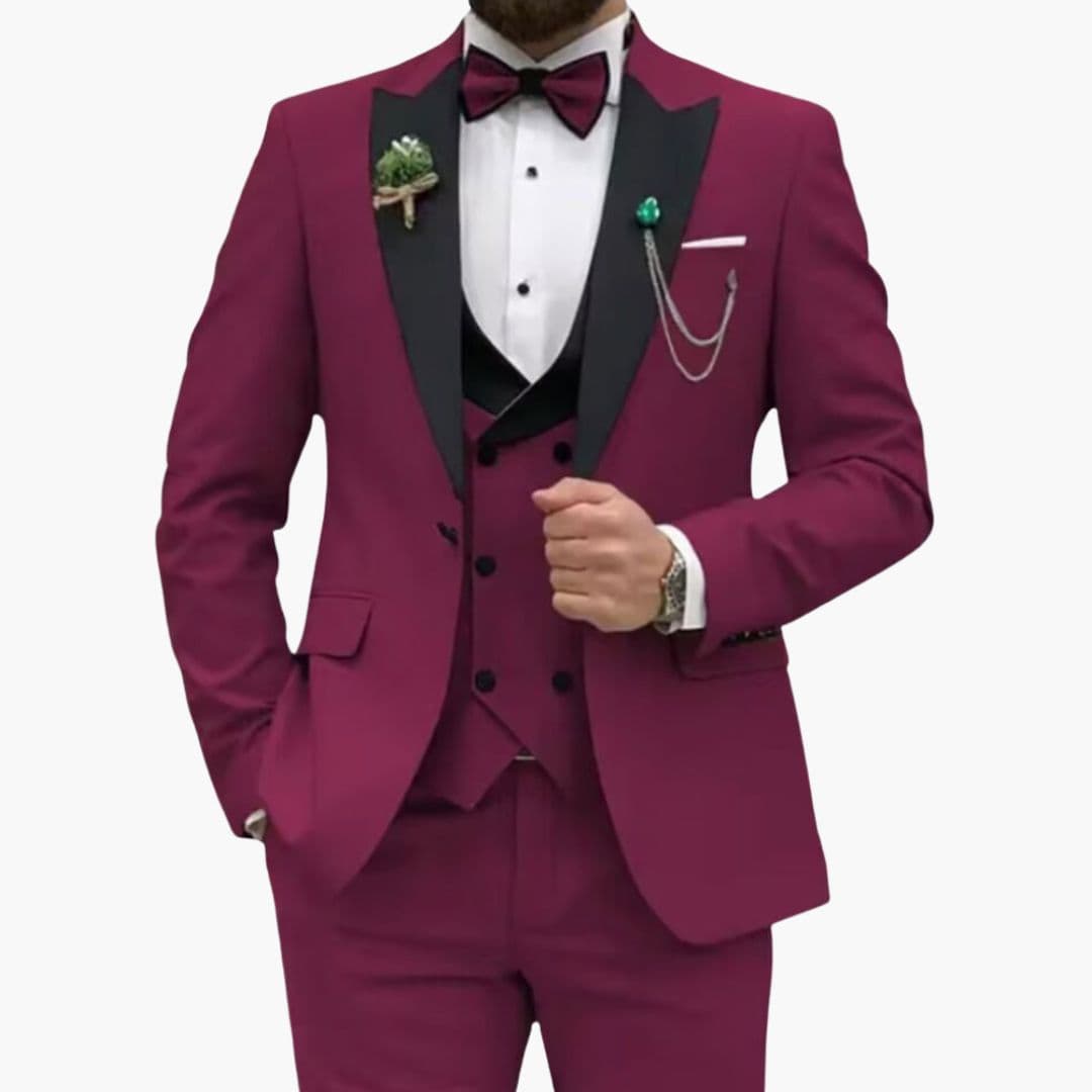 Men's slim-fit three-piece suit with contrasting collar vest, navy formal wedding professional style