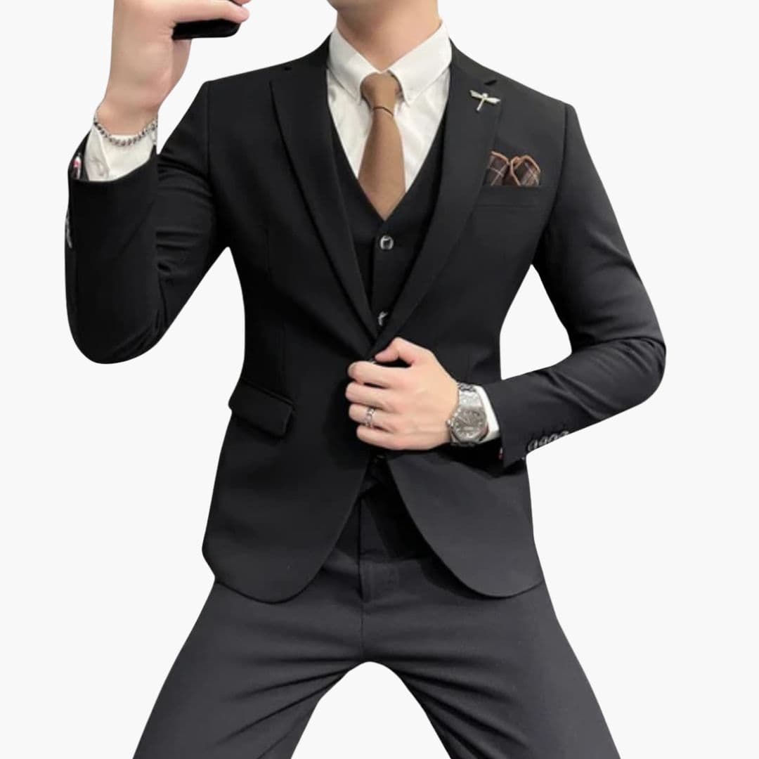 Men's slim fit three-piece suit with vest, modern tailored cut for formal versatile year-round wear