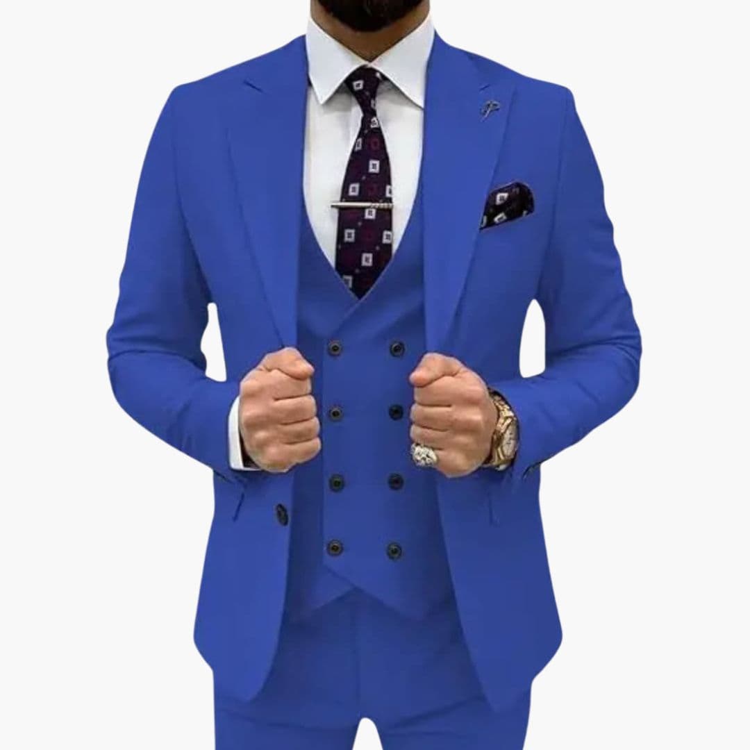 Men's slim fit three-piece suit with notch lapel jacket, vest, and pants for formal business wear
