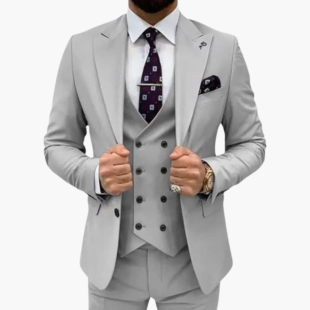 Men's slim fit three-piece suit with vest, notch lapel jacket, formal business professional style