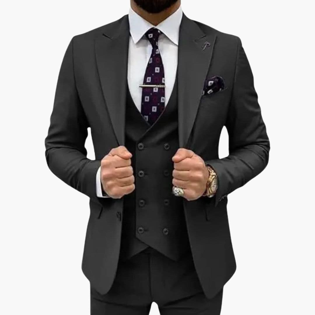 Men's slim fit three-piece suit with vest, notch lapel jacket, formal business style in classic tone