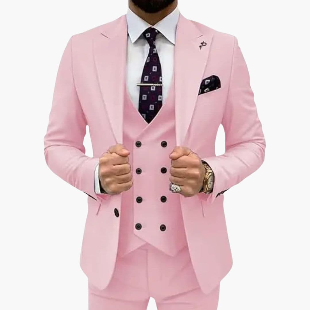 Men's slim fit three-piece suit with notch lapel jacket, vest, and tailored pants for formal business wear