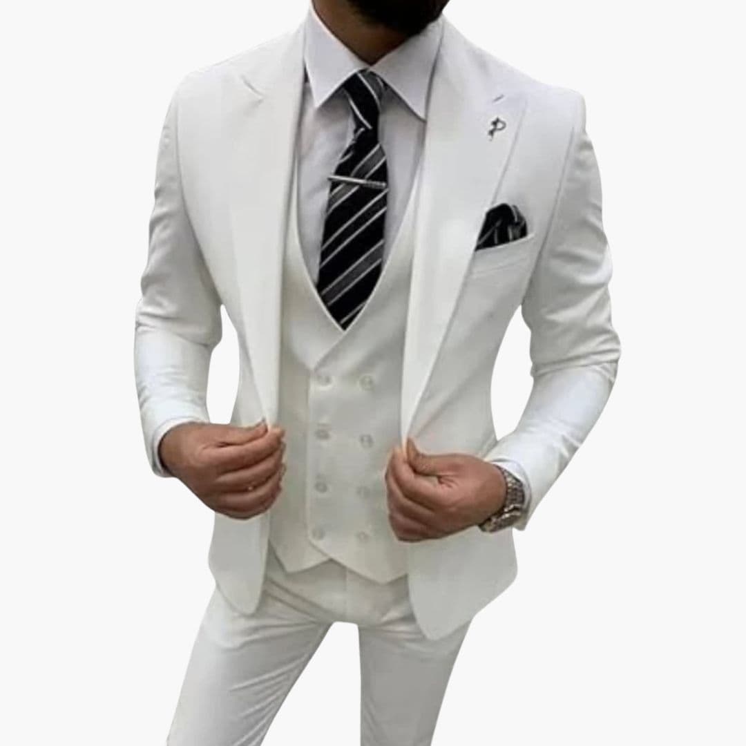 Men's slim fit three-piece suit with vest, notch lapel jacket, formal business style in classic tone