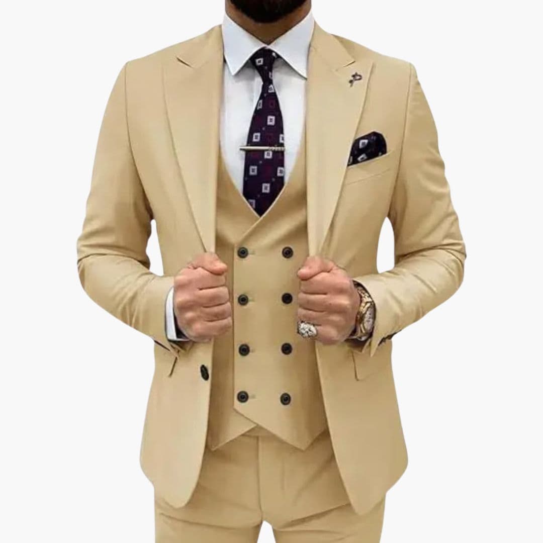 Men's slim fit three-piece suit with vest, notch lapel jacket, formal business style in classic tone