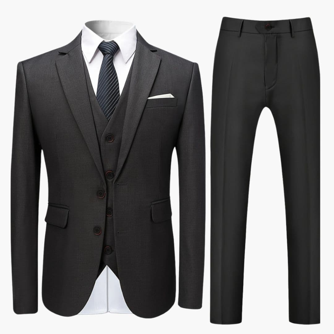 Men's charcoal three-piece suit notch lapel jacket vest tailored slim fit formal professional