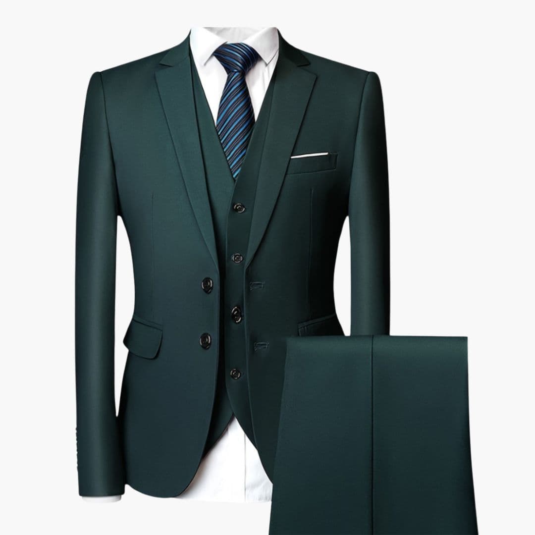 Men's charcoal three-piece suit notch lapel jacket vest tailored slim fit formal professional