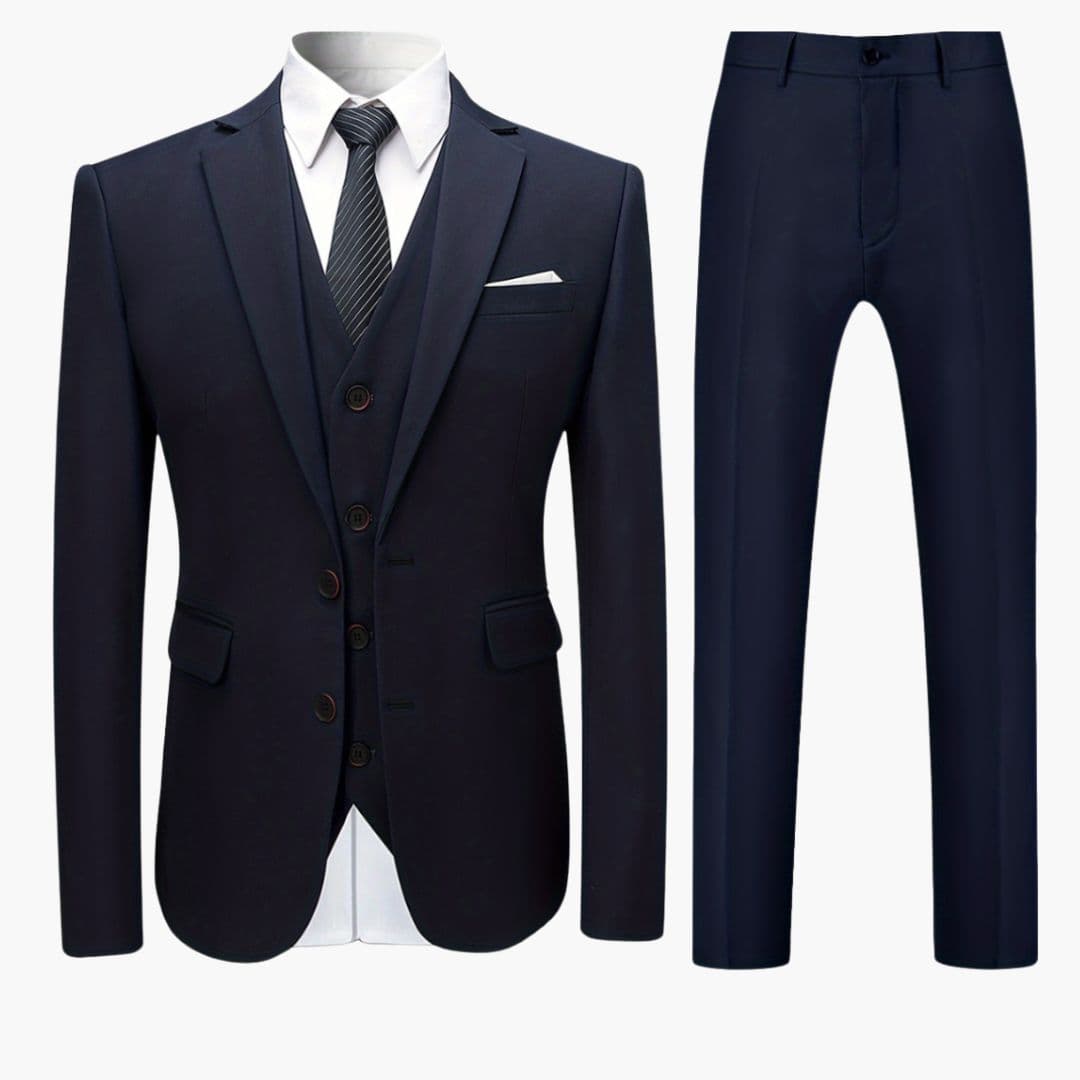 Men's navy three-piece suit notch lapel jacket vest tailored slim fit formal professional