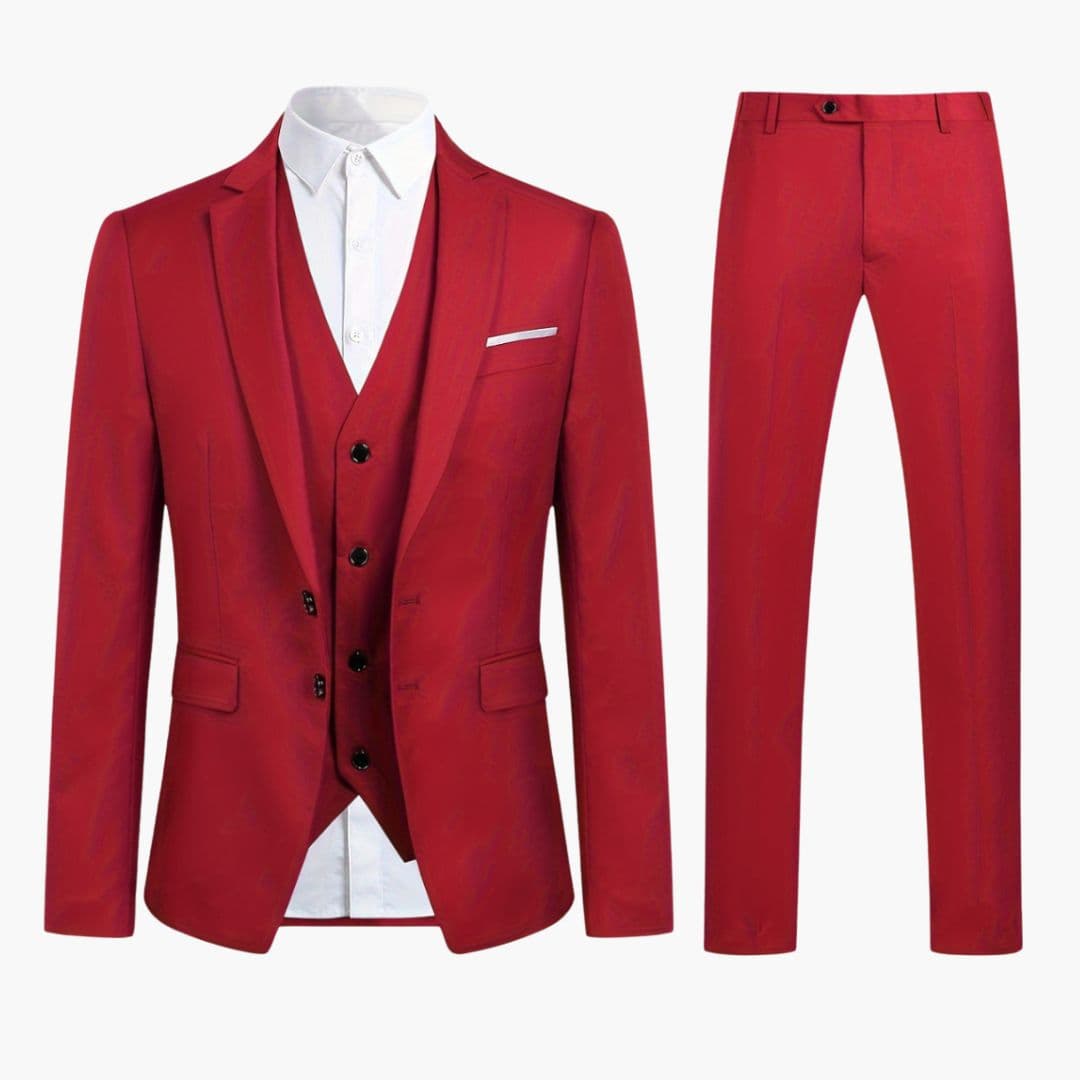 Men's charcoal three-piece suit notch lapel jacket vest tailored slim fit formal professional