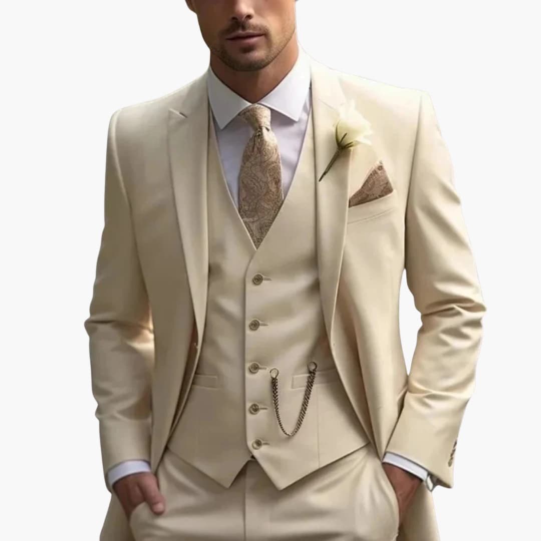 Men's classic fit three-piece suit with notch lapel jacket vest and pants in uniform woven finish