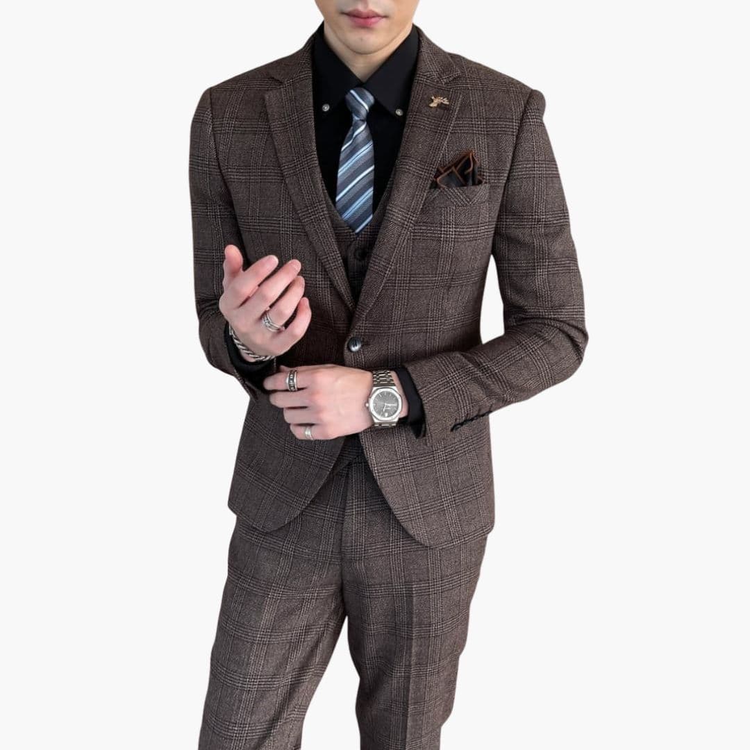 Men's three-piece plaid suit with slim-fit trousers and coordinating vest for formal occasions