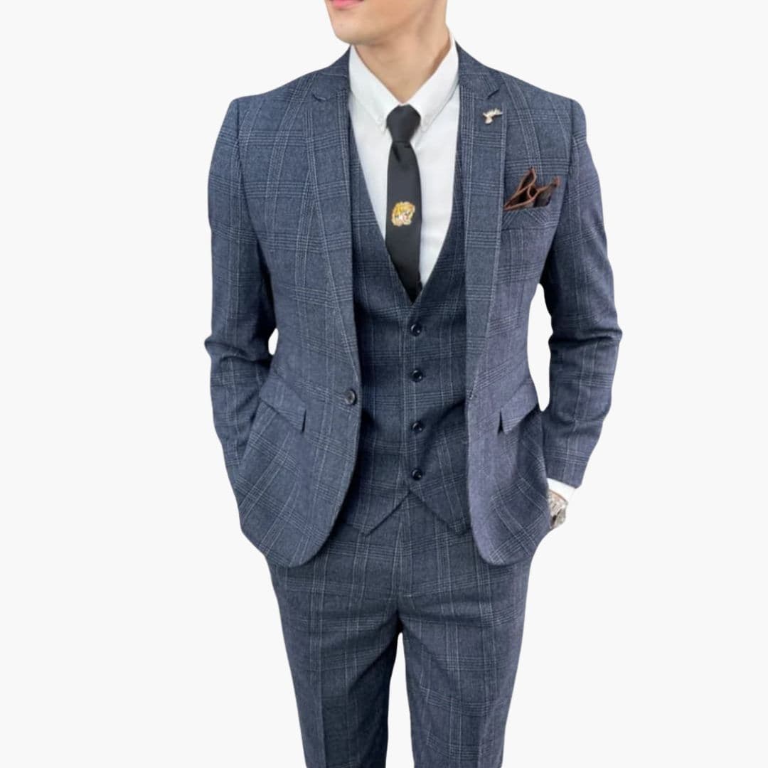 Men's three-piece plaid check suit with slim-fit trousers and coordinating vest for formal occasions