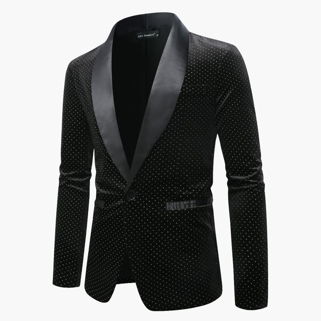 Men's black velvet shawl collar two-piece suit with satin-edged lapels and single-button closure