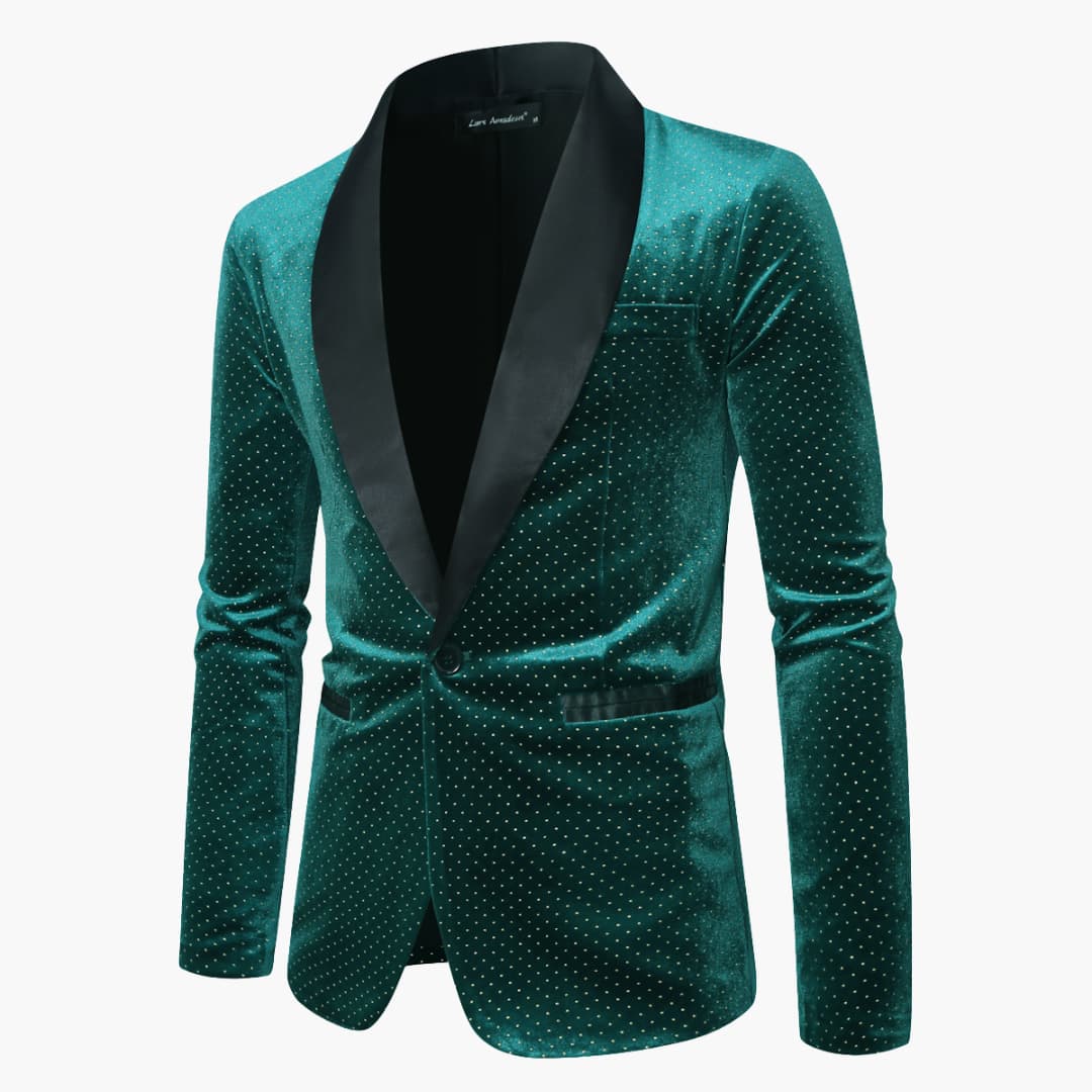 Men's black velvet shawl collar suit with satin trim details, single-button formal two-piece