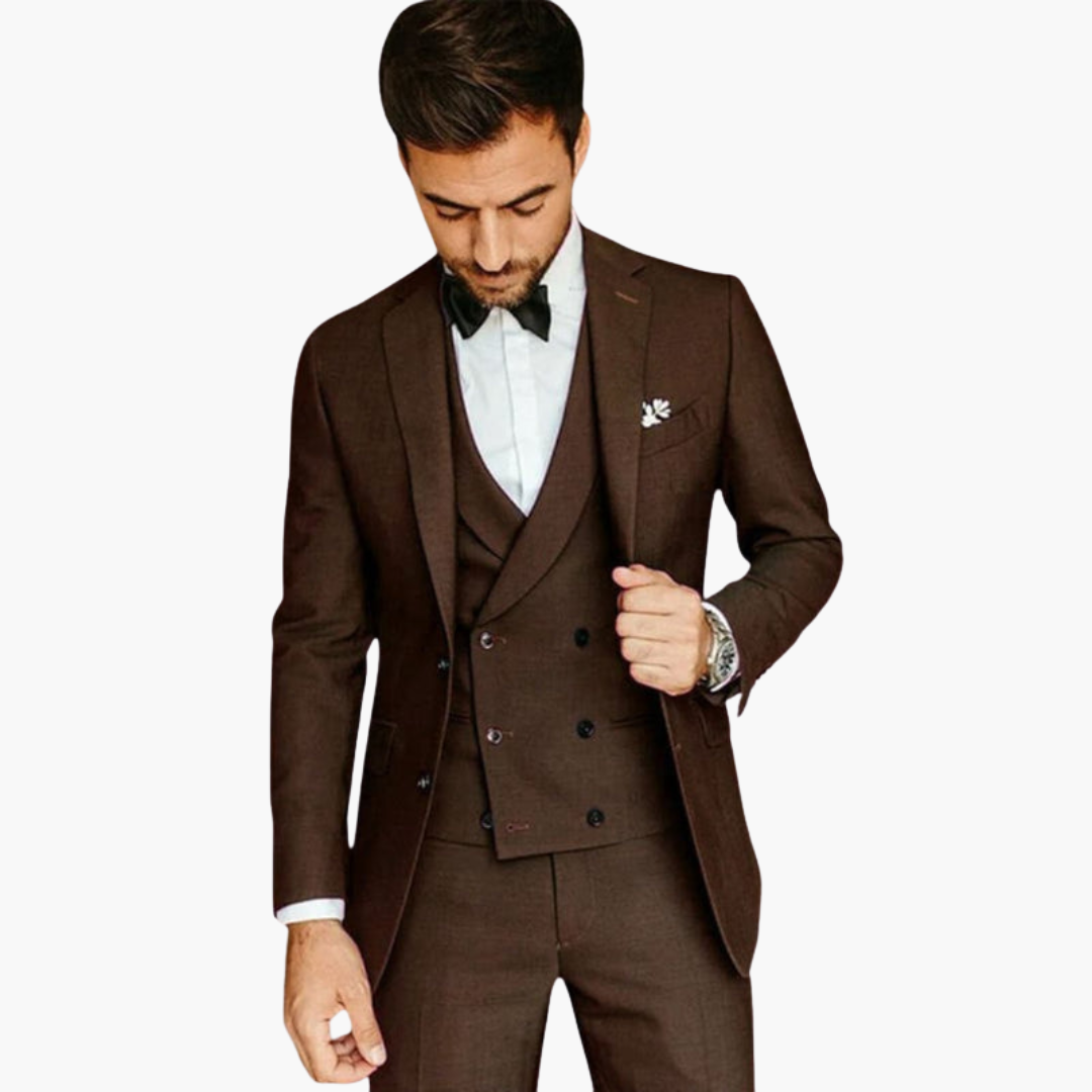 Men's classic three-piece suit with vest, blazer, and straight-cut pants for formal wear