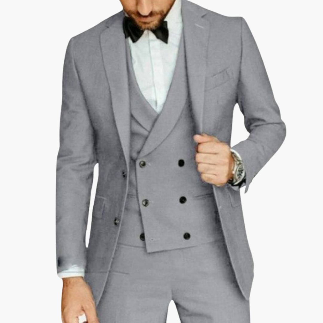 Men's classic three-piece suit with vest, blazer, and straight-cut pants for formal occasions