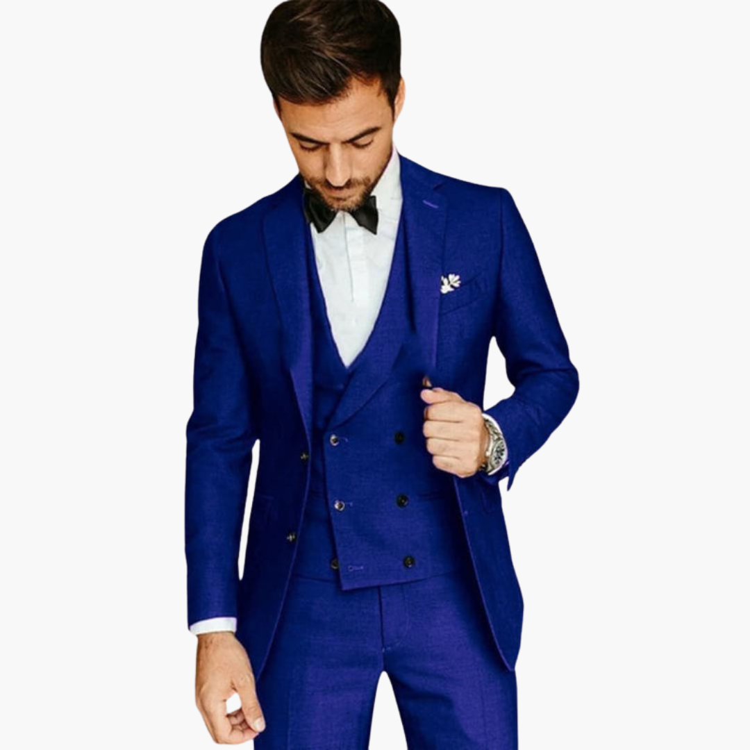Men's classic three-piece suit with vest, blazer, straight-cut pants, timeless formal silhouette