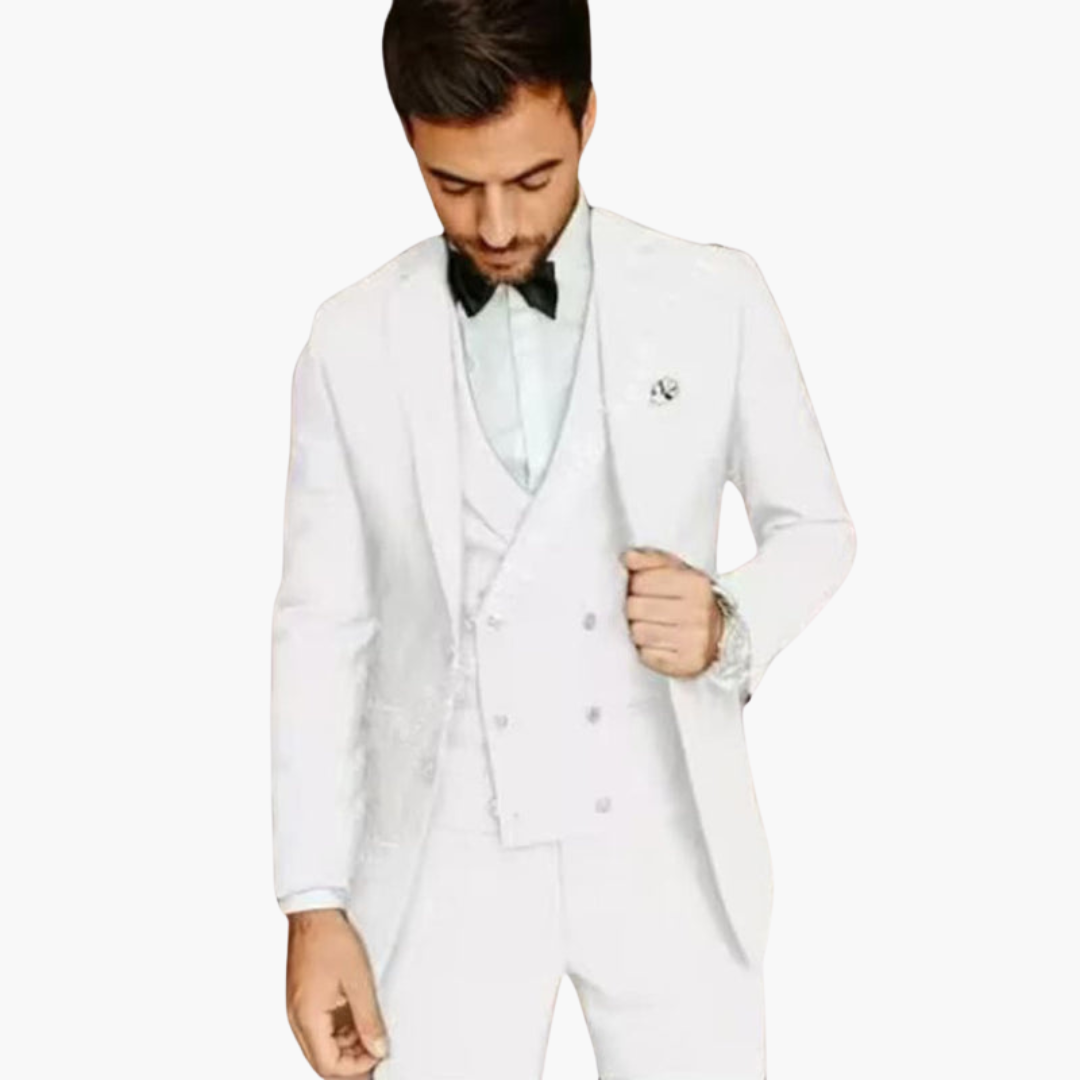 Men's classic three-piece suit with vest, blazer, straight-cut pants, timeless formal silhouette