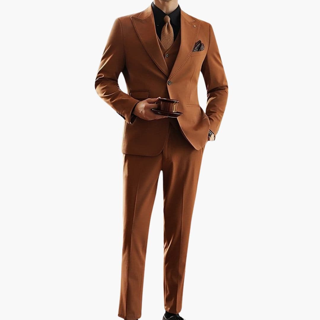 Men's slim fit three-piece suit notch lapel jacket vest trousers classic formal ensemble