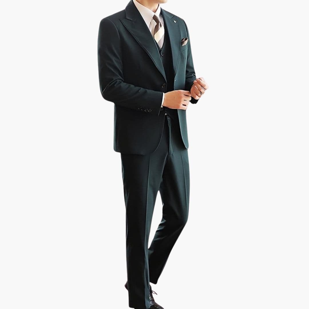Men's three-piece slim fit suit notch lapel jacket vest trousers classic formal ensemble
