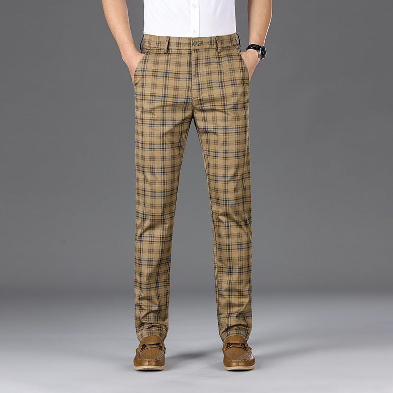 Tapered plaid trousers with polished check pattern, zip fly and belt loops for modern professionals