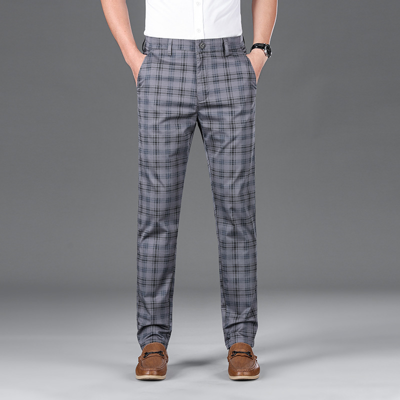 Côte & Rue tapered plaid trousers in versatile tones with zip fly and belt loops for professionals