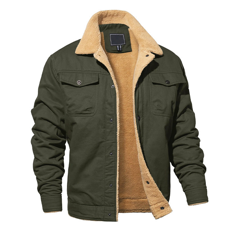 Men's cotton cargo jacket with fleece lining, rugged cold weather outerwear with multi-pocket design