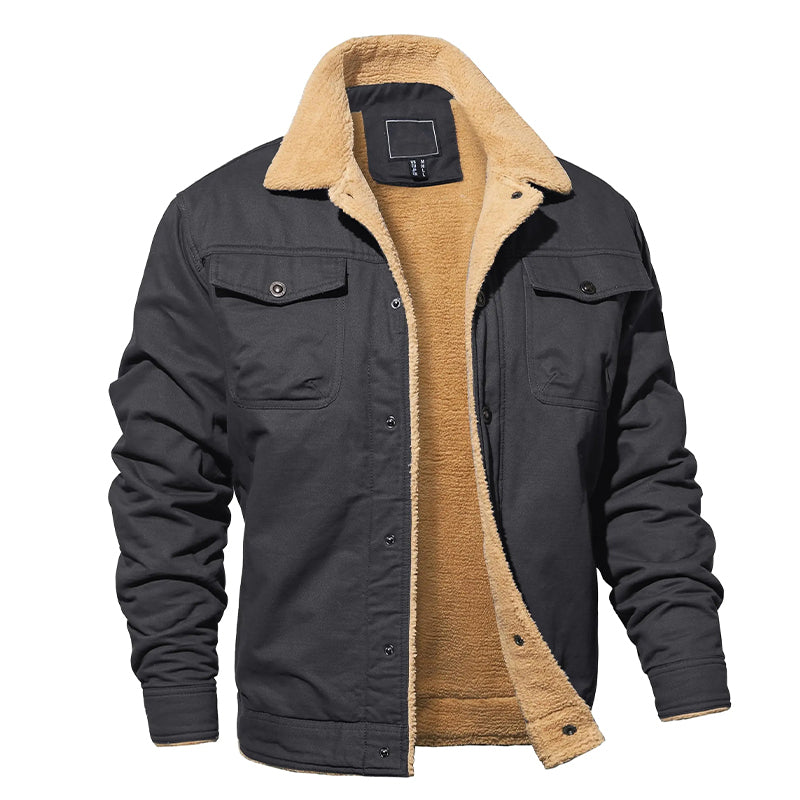 Men's cotton cargo jacket with fleece lining, rugged outerwear in neutral tone for cold weather