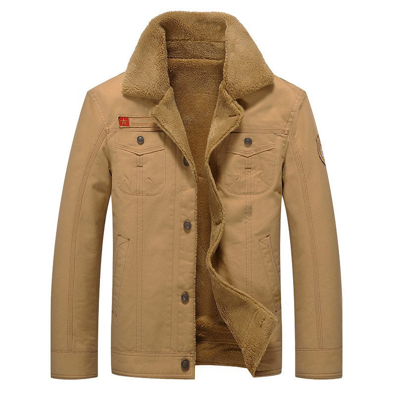 Men's brown cotton jacket with sherpa fleece lining, button closure, chest pockets, rugged cold-weather style