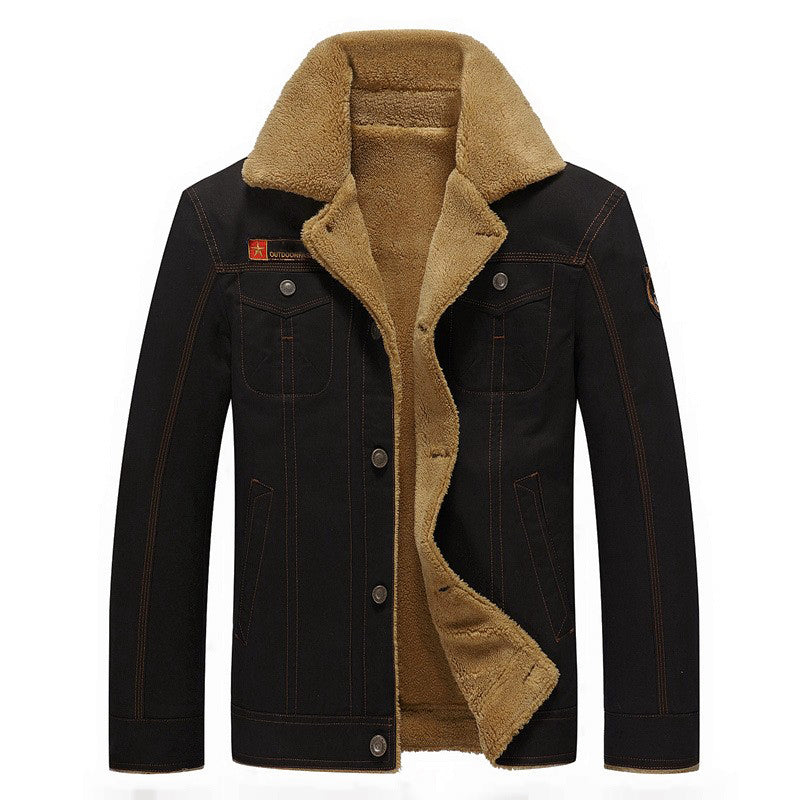 Men's cotton jacket with sherpa fleece lining, button closure, chest pockets, rugged cold-weather warmth