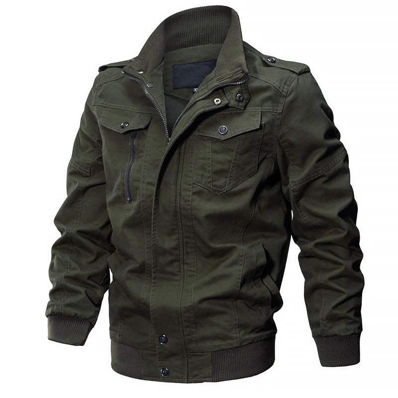 Men's olive military bomber jacket cotton shell with zipper button closure and elastic cuffs