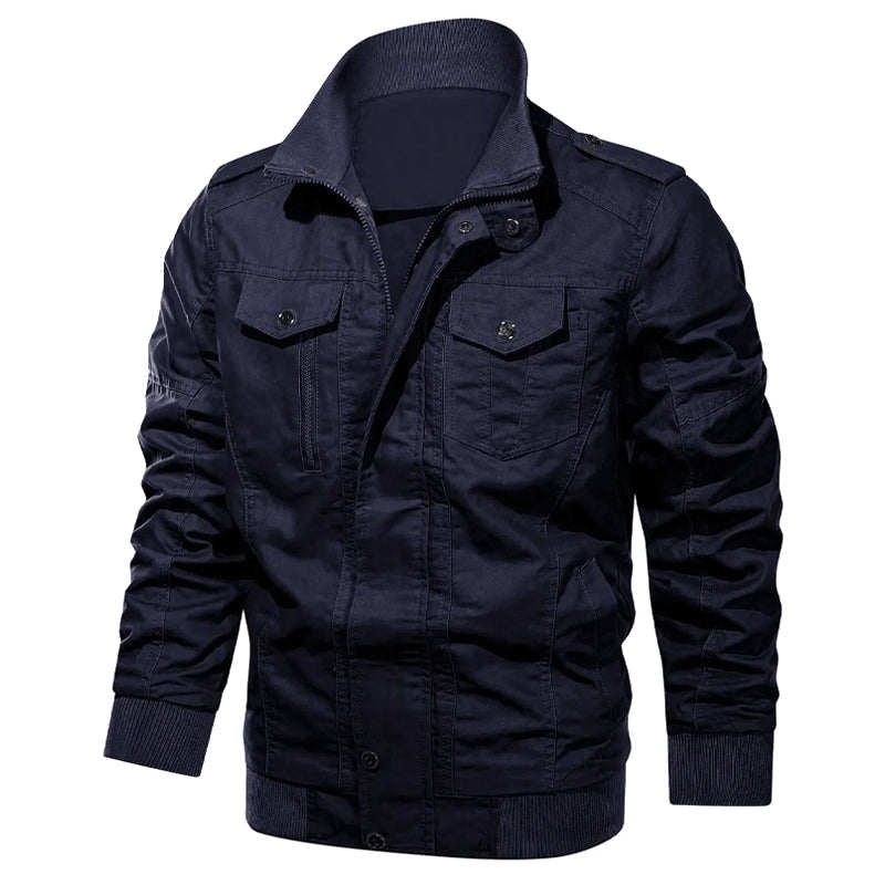 Men's olive cotton military bomber jacket with elastic cuffs, zipper and button closure, rugged style
