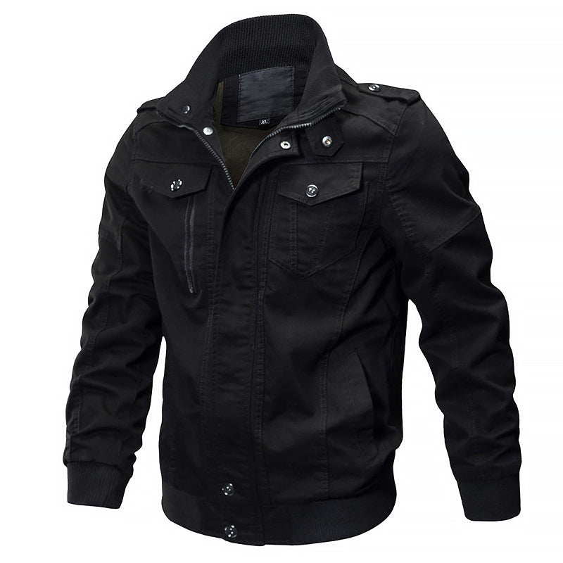 Men's olive cotton military bomber jacket with elastic cuffs, zipper and button closure, rugged style
