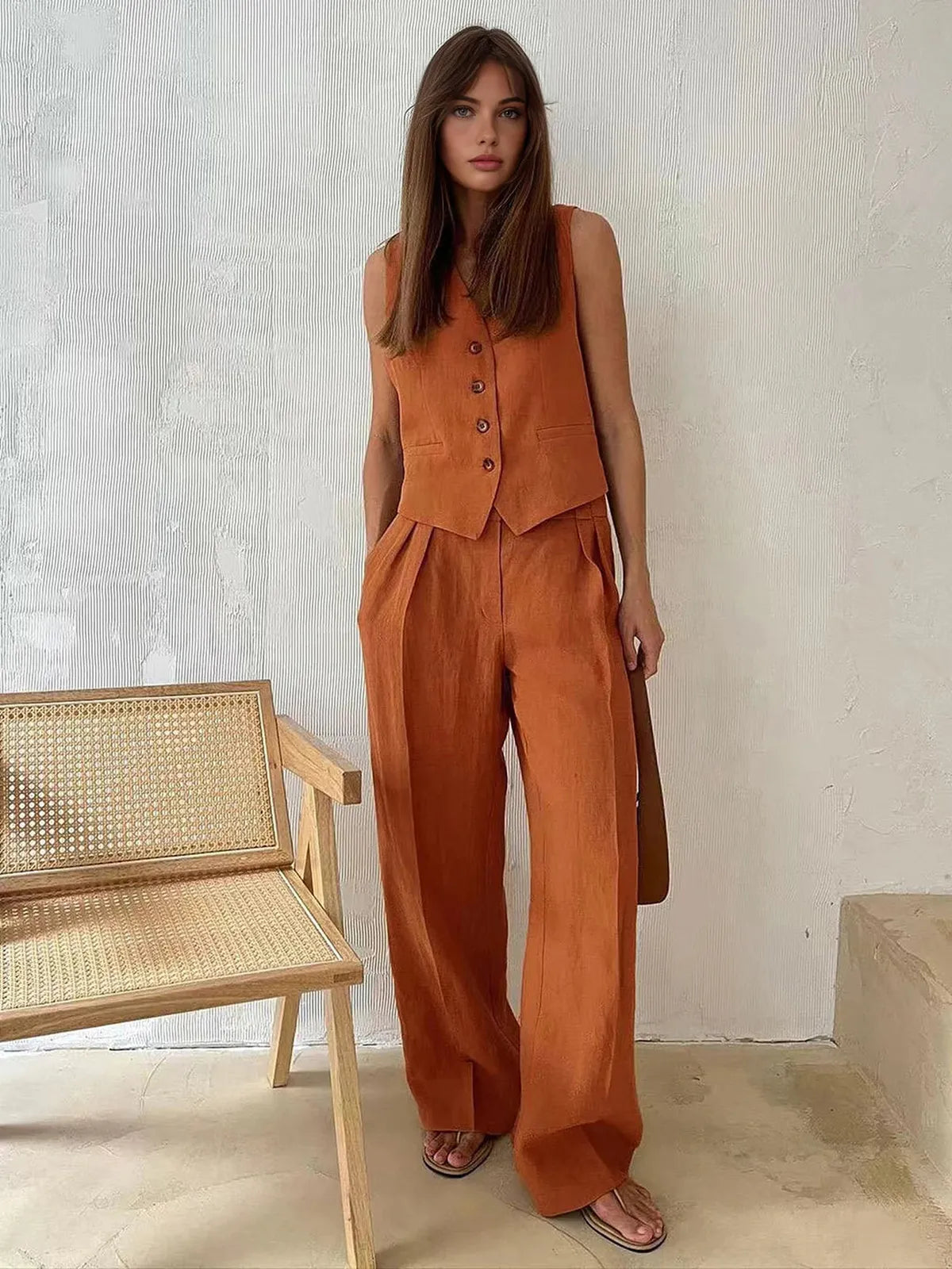 Beige cotton-linen structured waistcoat and wide-leg trousers two-piece set for summer professionals