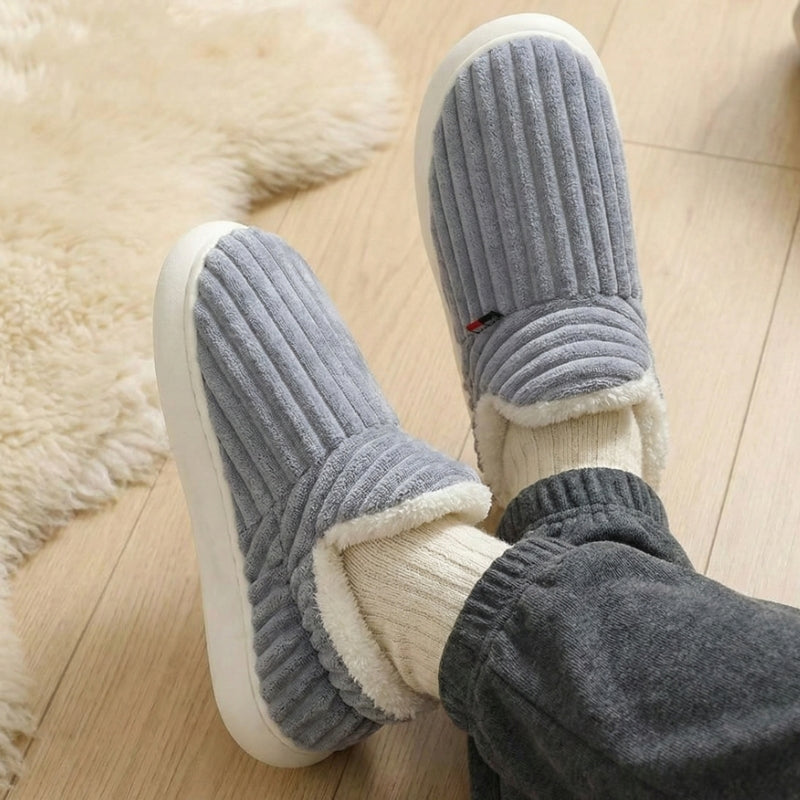 Corduroy slipper boots for couples with plush fleece lining and arch support in cozy neutral tones