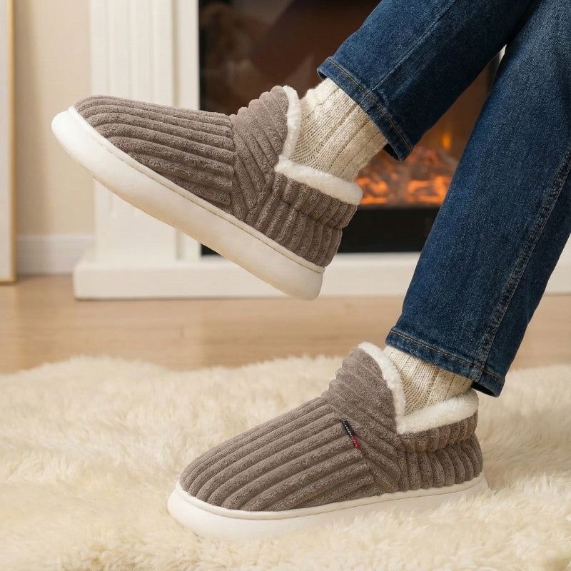 Corduroy slipper boots for couples with plush fleece lining and arch support in cozy neutral tones