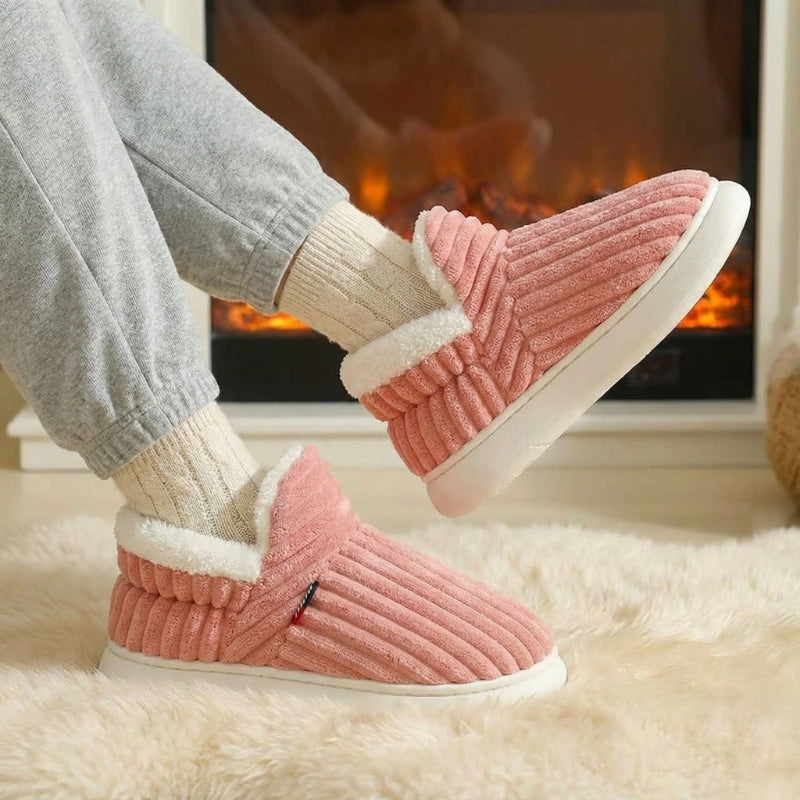 Corduroy slipper boots with plush fleece lining, arch support, unisex cozy couple loungewear