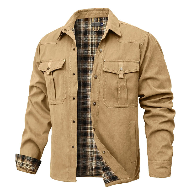Men's flannel-lined shirt jacket brown western cut with bold red plaid interior lining