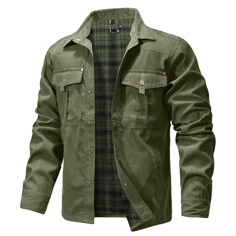Men's flannel-lined western shirt jacket brown durable outerwear with bold red plaid interior lining