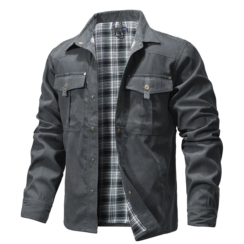 Men's flannel-lined western shirt jacket brown plaid with red lining, regular fit durable outerwear