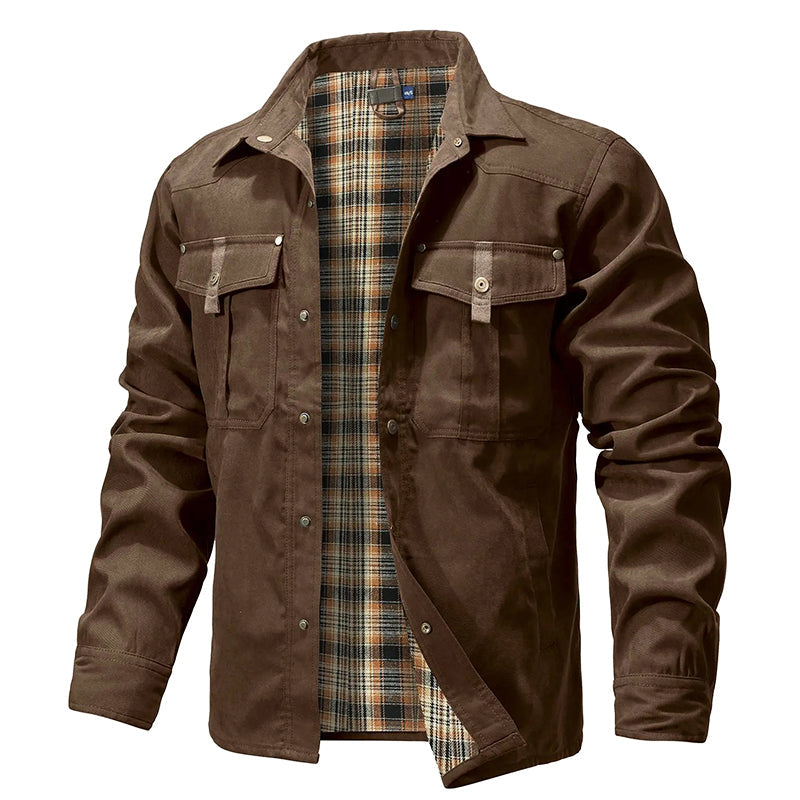 Men's flannel-lined western shirt jacket, durable brown outerwear with bold red plaid lining